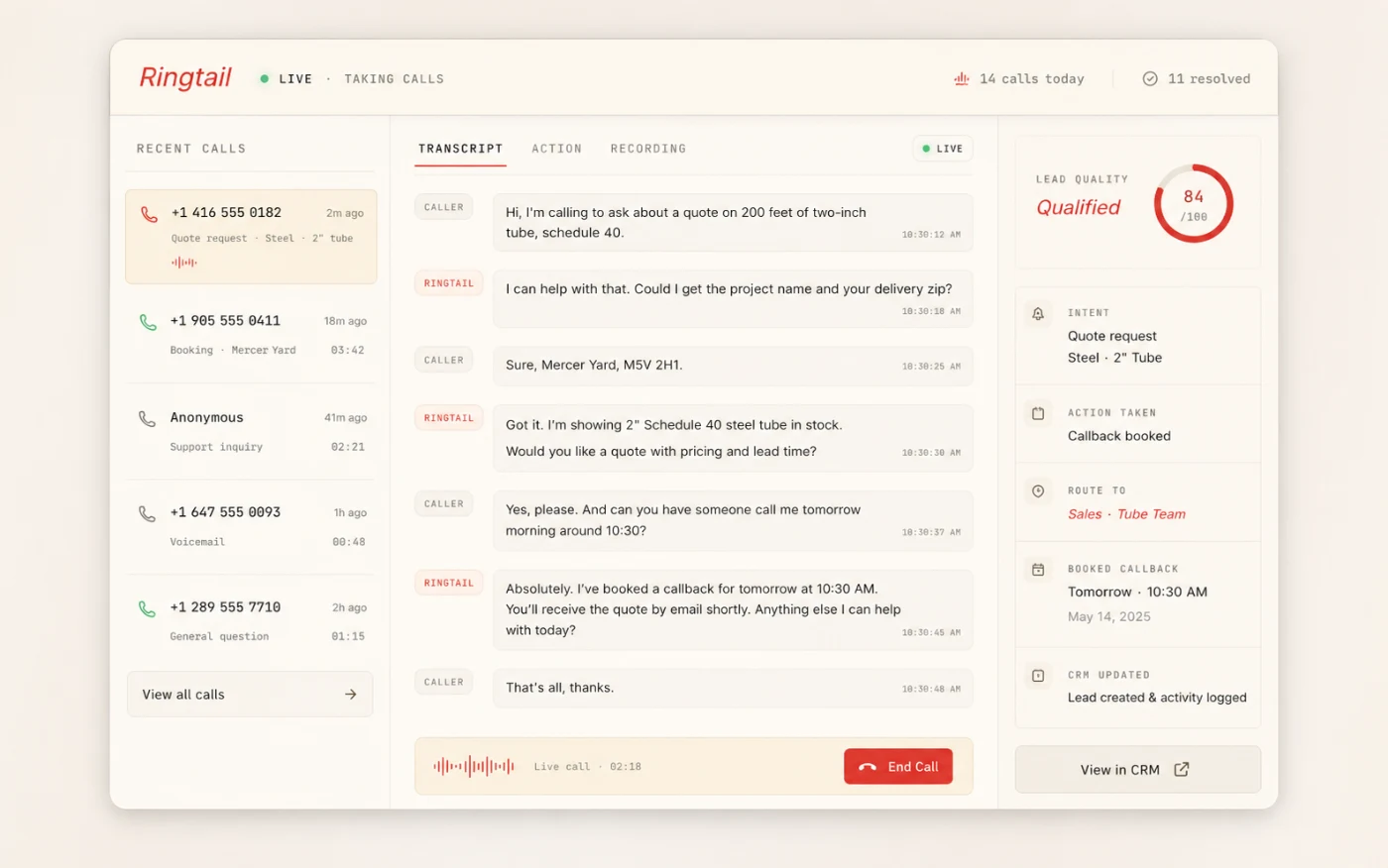 Ringtail AI voice agent live call interface — Midra AI product mockup